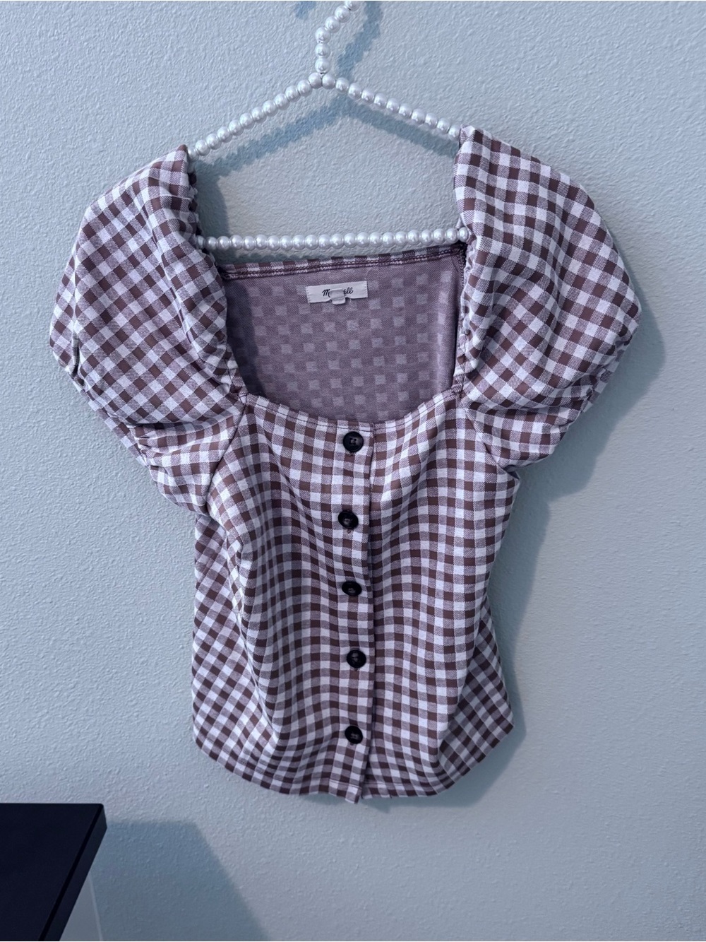 Madewell Brown and White Gingham Puff-Sleeve Button-Front Top